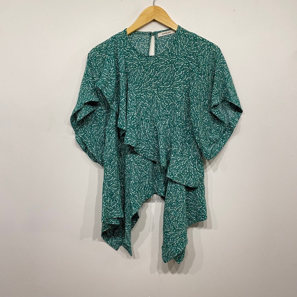 Rodebjer Andrea Green Leaf Print Draped Ruffle Blouse Top Womens XS Viscose